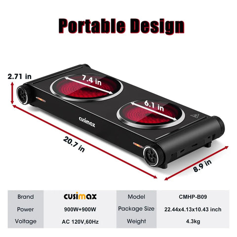 Dual Infrared 1800W Hot Plate Portable Electric Stove With Glass Cooktop And Adjustable Temperature Control Stainless Steel Double Burner, dimensions shown