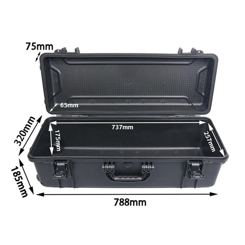 Open Waterproof Tool Box Organizer with Huge Capacity for Garage or Job Site showing internal dimensions and rugged durability.