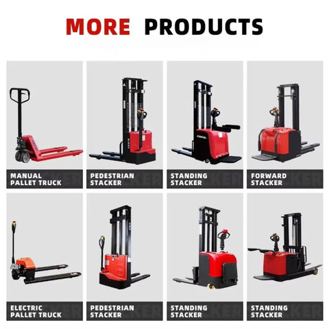 Image of various material handling equipment including Heavy Duty Electric Pallet Stacker Wagon One Ton Two Ton Capacity.