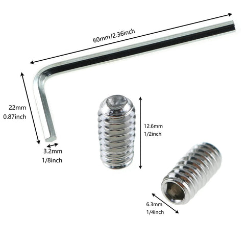 10 Pack 1/4-20 By 1/2 Inch 304 Stainless Steel Allen Head Drive Cup Point Screws shown with hex wrench and measurements.
