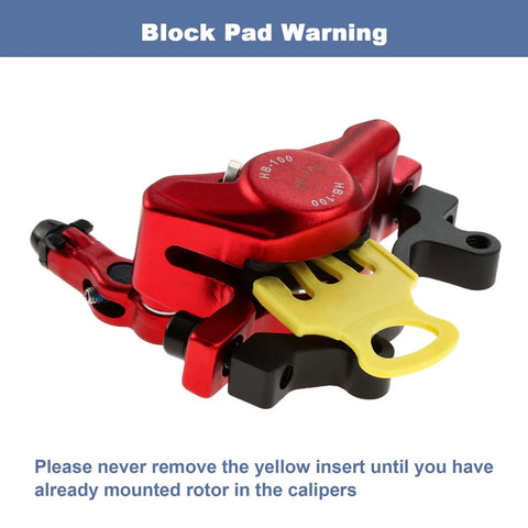 Red hydraulic disc brake caliper with yellow block pad warning for mountain bikes and e-bikes, front or rear mount