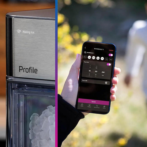 Front view of GE Profile Opal 2.0 Nugget Ice Maker in stainless steel beside a smartphone displaying WiFi app.