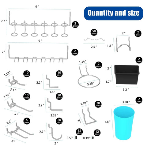 157 Piece Extra Thick Pegboard Hook Set, Heavy Duty Metal Pegboard Organizer With Storage Bins And Peg Locks, Fits Quarter Inch Pegboard Only, product layout and sizes.