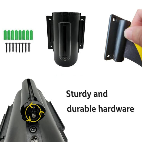 Heavy Duty Retractable Queue Barrier With Smooth As Butter Retractor High Visibility Red White Belt showing black wall mount hardware and installation screws.