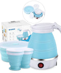 On The Go Portable Electric Kettle 600ml Foldable Tea Coffee Kettle With Collapsible Cup Set Fast 5 Minute Boil BPA Free Food Grade Silicone 110V 400W Ideal For Camping Office Travel, showing blue kettle, bowl, and cups.