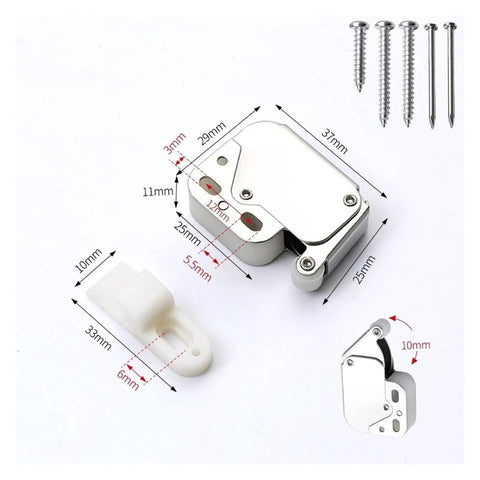 Cool Push To Open Touch Latches Make Handleless Cupboards A Breeze, showing latch dimensions and included screws.