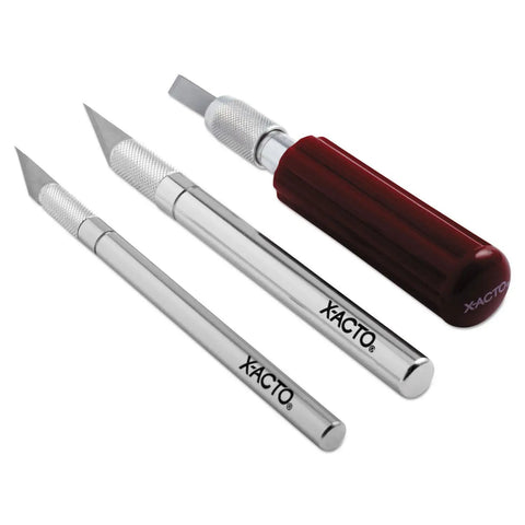 Workhorse Craft Knife Set With Three Knives And Thirteen Blades In A Soft Carry Case Built For Arts And Crafts And Pro Level Cutting Tasks Easy Blade Change System For Quick Swaps 17 Count Kit showing three X-ACTO knives