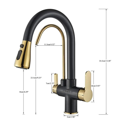 Modern d/Black/Ch Kitchen Faucet - Pull Out Water Filter Tap2/3 Way Cold Mixer Sink C for Clean Drinking WaterDesign for Ele Kitchens (Bei Dots) with gold accents