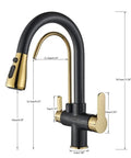 d/Black/Ch Kitchen Pull-Out Water Filter Faucet - 2/3 Way Mixer Tap, black and gold design with adjustable spout.