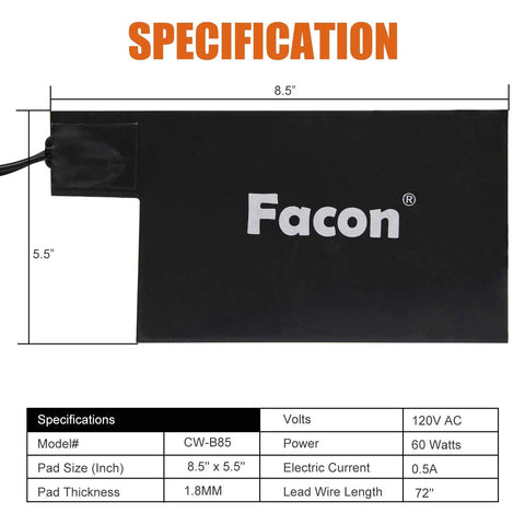 Heavy Duty Silicone Battery Heater Pad With Auto Thermostat Control 8.5x5.5 inches for winter use, 120V 60 Watts, grey.