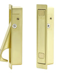 Top Notch Flush Pocket Door Handle Featuring Easy Press Pop Action Sleek Satin Brass Finish Built Tough Design, angle view.