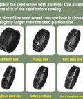 Seed wheels for Walk Behind Garden Seeder With 16 Outlets for different seeds like melon, peanut, corn, soybean, and cotton.