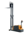 Aequanta Full Electric Walkie Stacker With 3300 Lbs Load Capacity And 118 Inch Lifting Height side view showing forks raised for loading.