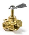 Brass fuel tank selector valve with three eighths inch thread and handle, part of marine fuel system for outboard engines and boats.