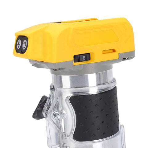 Close-up of a Cordless Wood Router With Brushless Motor 800W Power Five Variable Speeds Up To 30000 RPM, showing control buttons.