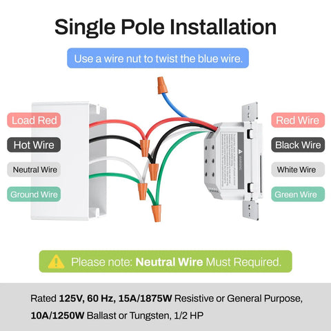 7 Day Programmable In Wall Timer Switch Single Pole Installation Diagram with Neutral Wire Requirement