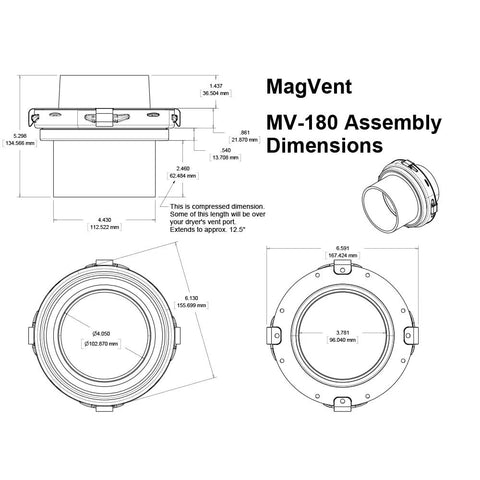 Magnetic Dryer Vent Coupling For 0 To 3 Inch Offsets Self Aligning 4 Inch Dryer Hose Connector UL 2158A dimensions chart