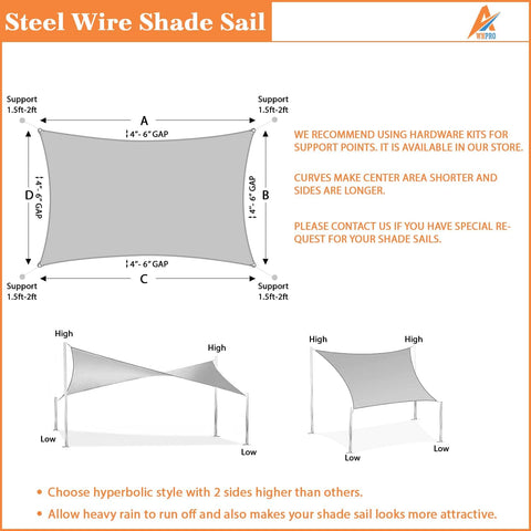 Diagram of 30 X 32 Foot Rectangle Sun Shade Sail With Heavy Duty UV Resistant Fabric Wire Cable And A Rings Weather Resistant Outdoor Canopy Cover For Pergola Backyard Or Garden Sand Color showing support and installation methods.