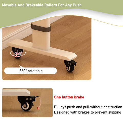 Close-up of wheels on the Straight Up Durable Height Adjustable Overbed Table With Easy Glide Locking Casters for smooth movement.