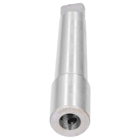 Taper arbor sleeve drill adapter with MT4/R8 bore, silver metal, side view