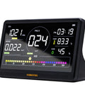 Badass 7 Inch Rechargeable Air Quality Monitor For Woodshops And Garages Monitoring Co2 Pm25 Pm10 Hcho Tvoc With Sharp Color Lcd Screen showing air quality readings.