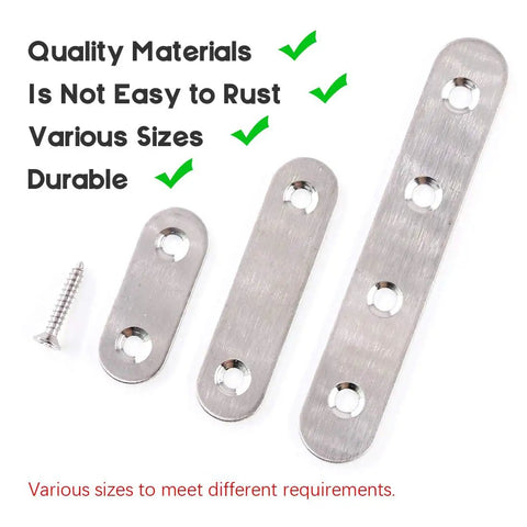 Heavy Duty Stainless Steel Flat Straight Brace Brackets With Mending Plates And Reliable Hardware Includes Eighty Screw Kit For Rock Solid Repairs And Quick Garage Builds Silver Finish - three sizes of flat brace brackets and a screw.