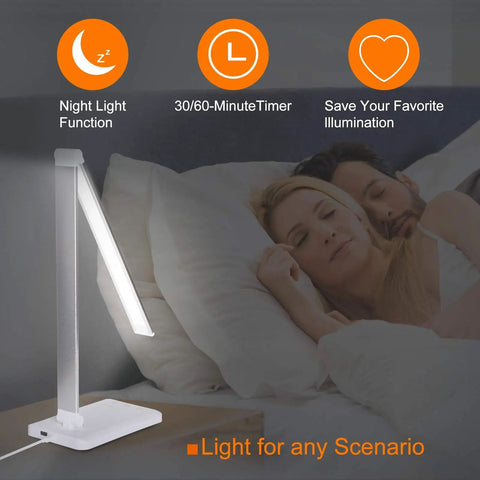 Eye Caring LED Desk Lamp With USB Charging Port, Touch Dimmable Office Light on nightstand next to couple sleeping
