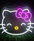 Anime Cat Neon Sign For Girls Room And Game Room with cute face and pink bow, low heat PVC neon lamp with cozy soft glow.