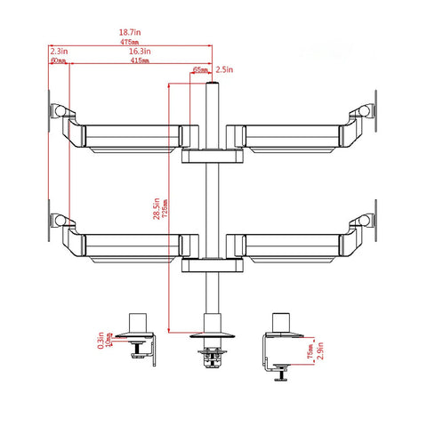 Heavy Duty Quad Monitor Desk Stand Mount For 15 To 27 Inch Screens With Smooth Height And Tilt Adjustments Solid Aluminum Alloy Build dimensions diagram