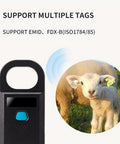 Pet Microchip Scanner 134.2KHz and 125KHz EMID FDX-B ISO 11784 Or 11785 Reader near a lamb with ear tag, OLED display