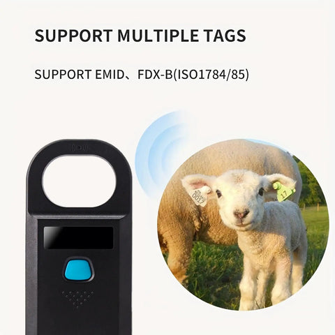 Pet Microchip Scanner 134.2KHz and 125KHz EMID FDX-B ISO 11784 Or 11785 Reader near a lamb with ear tag, OLED display