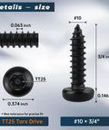 Pro Shop Grade Heavy Duty Black Pan Head Self Tapping Screws Size Ten By Three Quarter Inch Security Torx Drive 304 Stainless Steel detailed view showing dimensions and Torx drive.