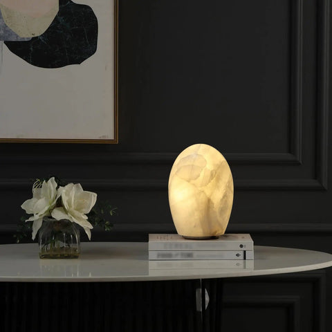 Natural Calcite Stone Lamp With 15 Pound Solid Crystal Handcrafted One Of A Kind Table Lamp With Warm Dimmable Glow Dope Crystal Home Decor Gift That Pops And Adds A Unique Vibe To Any Room on a table beside flowers