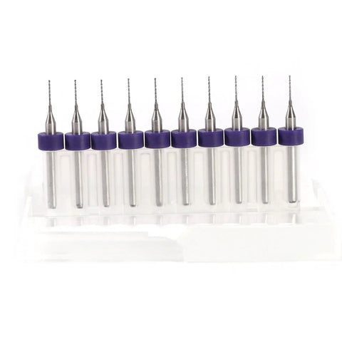 Pro Grade Tungsten Carbide Drill Bits 10 Piece Kit for Detailed Work and PCB Prototyping displayed in a straight line on a stand.