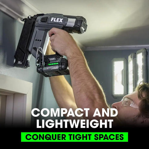 24V Brushless Cordless 18 Gauge Brad Nailer Kit with battery in hand, ideal for tight spaces and trim work.