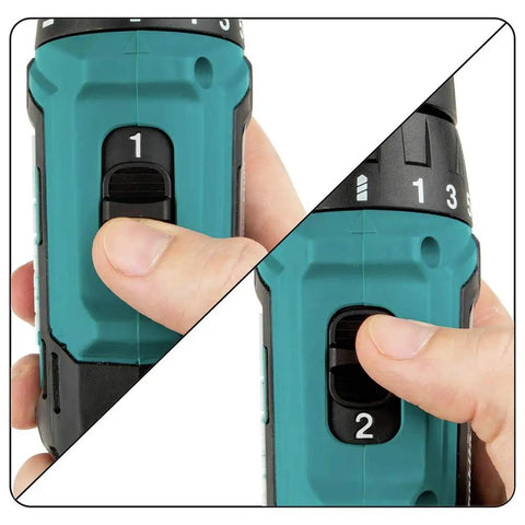 Compact 12V Max Cordless Driver Drill With Three Eighths Inch Chuck Dual Speed 0 To 450 And 0 To 1700 RPM switch close-up