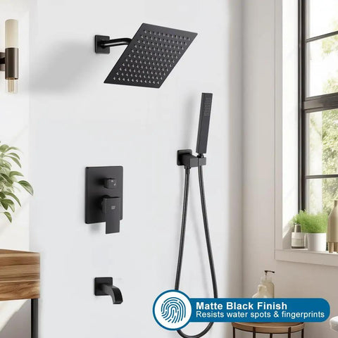 Matte Black Shower Faucet Set With Tub Spout And Rainfall 8 Inch Shower Head System Handheld Single Handle Trim Kit With Valve