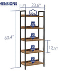 Five Tier Bookshelf With Sturdy Metal Frame, Free Standing Open Shelving Unit For Home Office, Bedroom And Living Room, dimensions shown