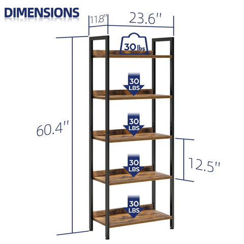 Five Tier Bookshelf With Sturdy Metal Frame, Free Standing Open Shelving Unit For Home Office, Bedroom And Living Room, dimensions shown