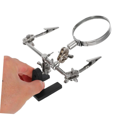 Person adjusting Pro Grade Repair Clip Magnifying Mirror And PCB Holder For Soldering Station With Helping Hands Clamp