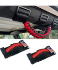 Two Pack Roll Bar Grab Handles For Jeep Wrangler, featuring Oxford Cloth, Metal Buckle, installed view and close-up view.