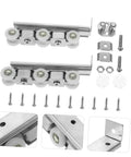 Smooth Glide Sliding Barn Door Track Kit Manganese Steel Wheels Heavy Duty Hardware Set components with wheels, guide rail, and screws.