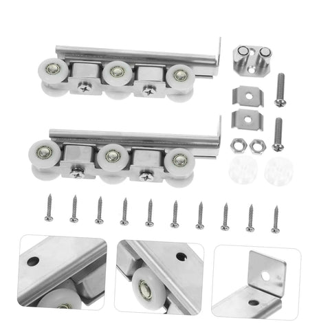Smooth Glide Sliding Barn Door Track Kit Manganese Steel Wheels Heavy Duty Hardware Set components with wheels, guide rail, and screws.