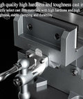 Hardened Steel Two Way Cross Slide Vise With Precise Laser Readout And Chunky Powder Coated Cast Iron For Drill Press Bench Mods And Cnc Milling close-up of durable cast iron construction and clamping mechanism.