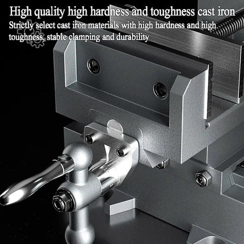 Hardened Steel Two Way Cross Slide Vise With Precise Laser Readout And Chunky Powder Coated Cast Iron For Drill Press Bench Mods And Cnc Milling close-up of durable cast iron construction and clamping mechanism.