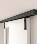 60 Inch Box Rail Sliding Barn Door Hardware Kit With Ceiling Mount Heavy Duty Aluminum Track In Black Powder Coat Outdoor Ready And Anti Corrosion Fits Doors Up To 26 Inch Opening Up To 30 Inch Panel Width 1 Inch Door Thickness installed view.
