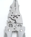 Close-up of 21 In 1 Wire Stripper And Multi Function Tool, 8.2 Inch silver steel cutter and crimper with rubber handle, top view.