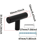 Six Pack 2 Inch T Bar Cabinet Knobs In Brushed Nickel Finish, shown with dimensions and included mounting screws
