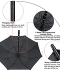 Automatic Open Golf Umbrella 47/54/62/68/72 Inch Oversize Black Windproof Waterproof Double Canopy With Vent, fiberglass shaft details.