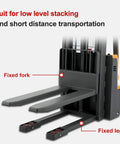 Fully Electric Pallet Stacker Crushing 2640 Pound Loads Like A Badass Workhorse With 98 Inch Max Lift, showing fixed fork and fixed leg design.